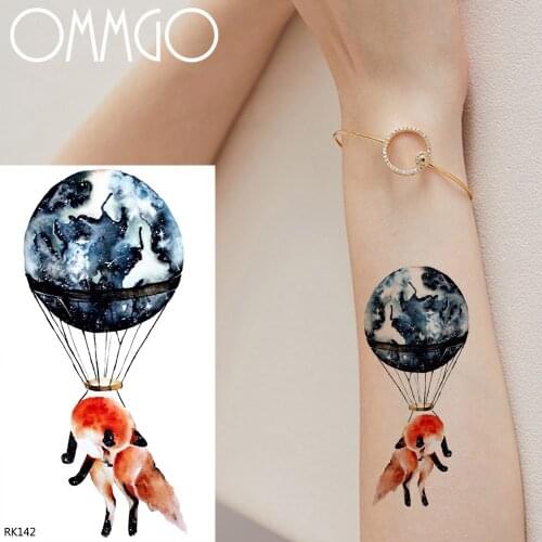 OMMGO Earth Hot Air Balloon Fox Temporary Tattoos For Women Kids Flash Tattoo Sticker Waterproof DIY Fake Arm Tattoo Paper Paste