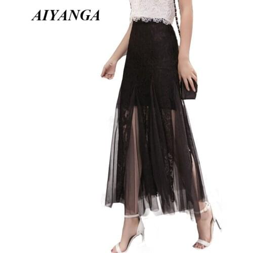 Black White Women Mesh Skirts 2019 Spring Summer Lace Skirt Fashion Patchwork Elegant package Hip Medium Long Skirt Female