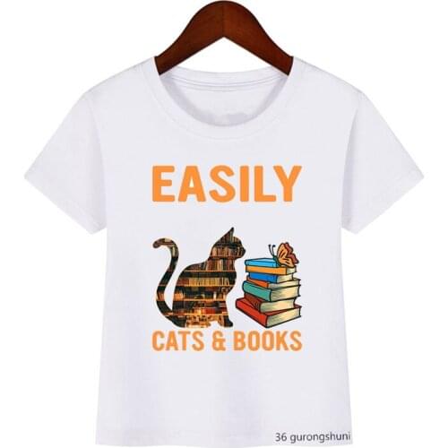 Funny childrens t-shirts for cat lovers Easily Distracted by Cats and Books Book Reading universal t-shirts for boys/girls