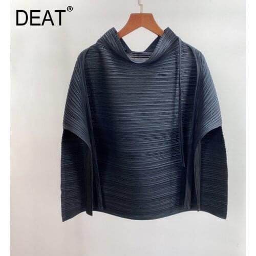 DEAT Pleated Tshirt Woman Stand Collar Full Sleeve Loose Casual Style Wild High Elastic 2021 New Summer Oversized Clothing HT829