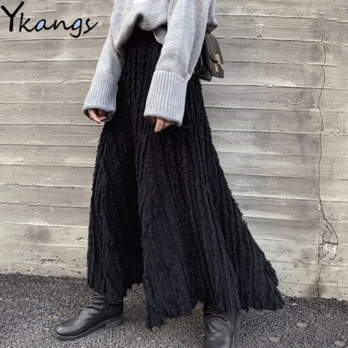Gotic Long Black Knitted Skirt Women Winter Fringed Knit Irregular Skirt 2020 Autumn Korean Style Female Tassel High Waist Skirt
