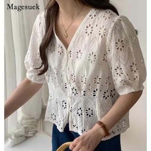Korean Hollow Embroidery Blouses Women Summer Puff Short Sleeve Button Woman Shirts Sweet Chic V Neck Tops Blusas Mujer 14243
