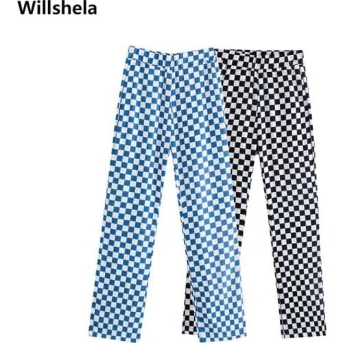 Willshela Women Fashion Plaid Slim Pants Vintage Waist Elastic Hight-Waist Casual Female Trousers Chic Pant