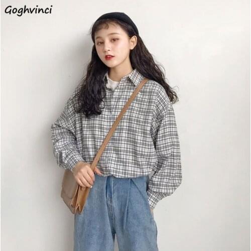 Shirts Women Button Up Fall Fashion Korean Vintage Streetwear Sweet Student Plaid Design Loose BF Chic Casual All-match Simple