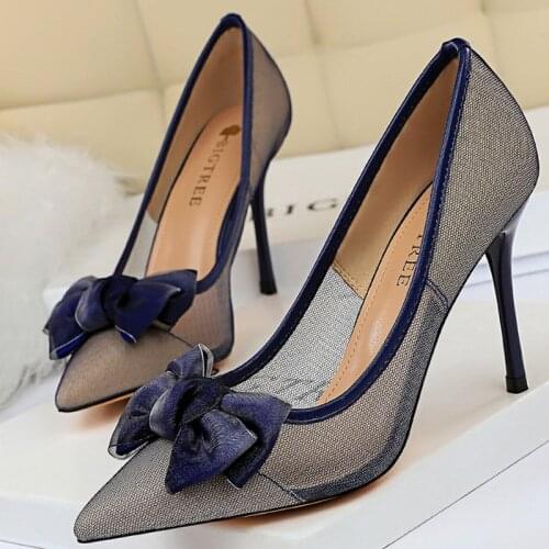 2021 Sweet Women 9.5cm High Heels Shoes Fashion Lady Bowknot Stiletto Blue Black Heels Mesh Lace Pumps Scarpins Party Prom Shoes