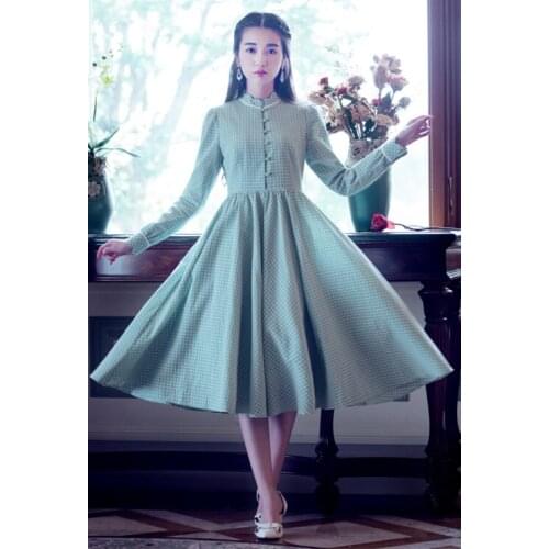 Free Shipping Retro Hot Sale 2016 Spring Autumn New Arrival Stand Collar Plaid Long Sleeve Woman Cotton Linen Long Dress Green