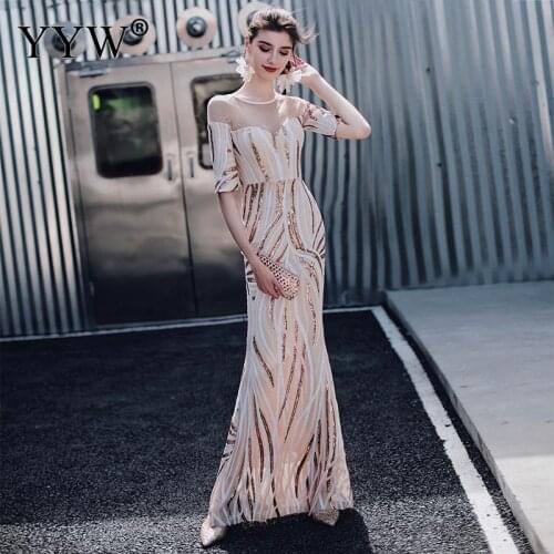 2020 Women Elegant Sequined Evening Dresses Mesh Backless Sexy Robe De Soiree Luxury Ladies Elegant Long Mermaid Party Vestidos