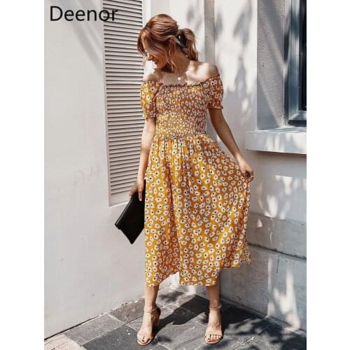 Deenor Sexy Party Dress Women Elegant Print Off Shoudler Ruffle Dress Boho 2021 Summer Dresses Robe Female Vestido