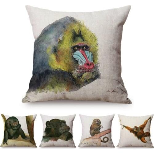 2019 Watercolor Monkey Ape Throw Pillow Cover Cute Animal Play For Baby Room Decorative Linen Cotton Sofa Chair Cushion Cover