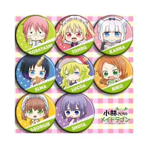 8pcs/1lot Anime Miss Kobayashis Dragon Maid Kanna Elma Riko Tohru Figure 6312 Badges Round Brooch Pin Gifts Kids Toy