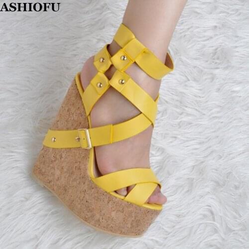 ASHIOFU Handmade New Womens Wadge Heel Sandals Buckle Ankle Strap Party Prom Shoes Peep-toe Club Evening Sexy Fashion Sandals