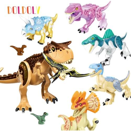 DOLDOLY Jurassic Dinosaur Indominus Rex Velociraptor Triceratops Building Blocks Action Figures World Park Toys for Kids