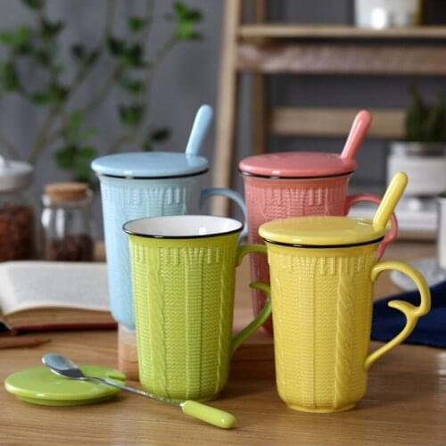 Brief Wool Style Coffee Mugs with Lid Spoon Set Brief Water Tea Cups Creative Breakfast Mark Coffeeware Drinkware