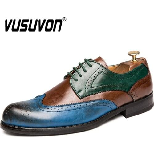 Big Size 38-47 British Men Oxfords Leather Shoes Green Blue Brogue Shoes Handmade Formal Dress Loafers Mixed Color Fashion Flats