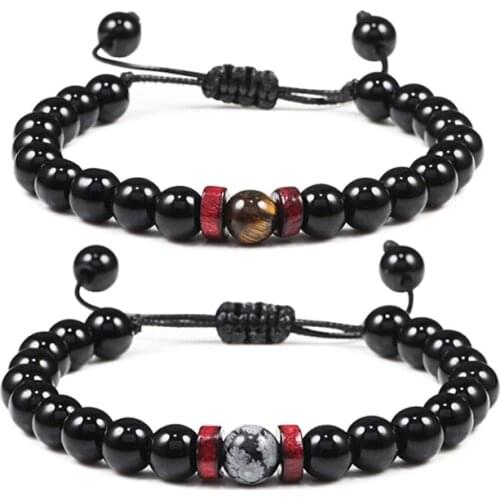 Charm Men Beads Bracelets Elastic Round Bright Black Stone Bracelet Women Yoga Prayer Handmade Braided Jewelry Bileklik Homme