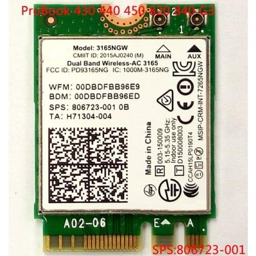SSEA Wholesale new for Intel Dual Band Wireless-AC 3165 3165NGW WIFI Bluetooth4.0 NGFF card 802.11AC for HP SPS 806723-001