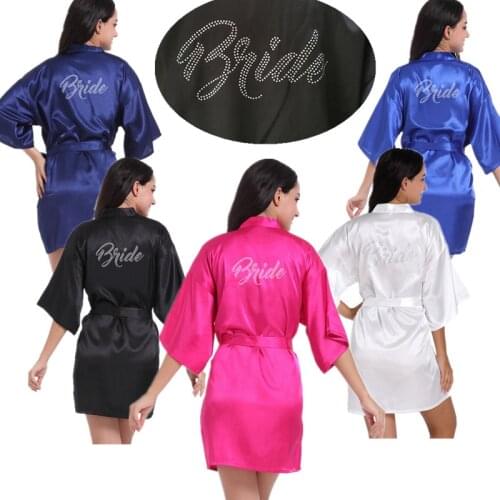 Wholesale Bride Letter Rhinestones Women Kimino Bridesmaid Short Satin Robes for Wedding Party Dressing Gown T8