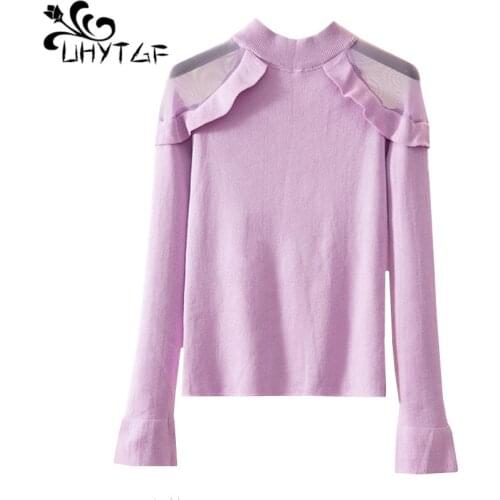 UHYTGF Casual sweaters women fashion mesh long sleeve knitted pullover winter sweater elegant female Plus size sweater 1461