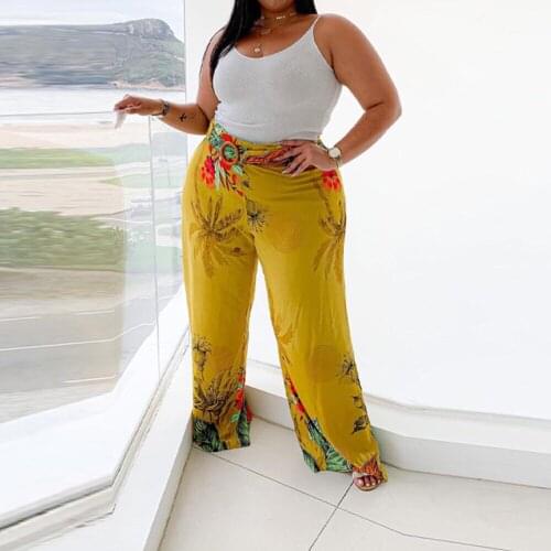 Plus Size Pants for Women 4XL 5XL High Waisted Yellow Printed Loose Fashion High Street Wear Summer Trousers Pants Femme Large