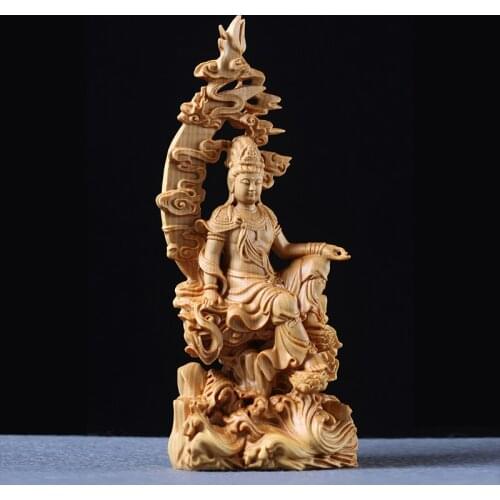 Moon Guanyin Wood Carving Goddess of Mercy Statue Boutique Peace Love Article Solid Wood Buddha Sculpture Art Collection