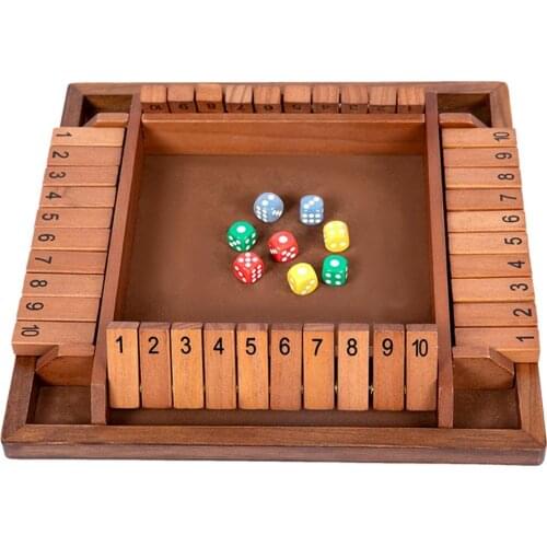 Deluxe Four Sided 10 Numbers Shut The Box Board Game Set Wooden Flaps & Dice Party Club Drinking Games For Adults Families