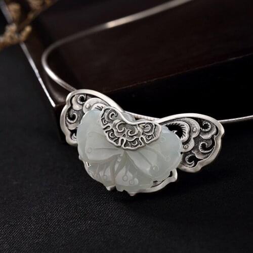 Silver inlaid hetian jade white jade butterfly restoring ancient ways women xiangyun wholesale high-grade brooch pendant