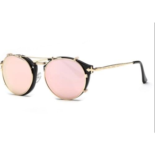 Retro Round Dual Purpose Sunglasses Plain Mirror Women 2021 Brand Designer Vintage Metal Sun Glasses Men Pink Eyeglasses UV400