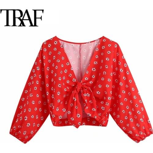 TRAF Women Fashion With Knotted Floral Print Crop Blouses Vintage Puff Sleeve Elastic Trims Female Shirts Chic Tops