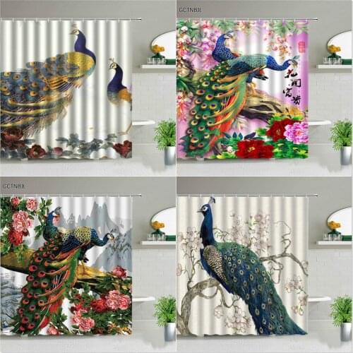 Peacocks Shower Curtains Beaytiful Birds Pattern Bathroom Curtain Bath Screen Decor Waterproof Fabric Background Wall Covering