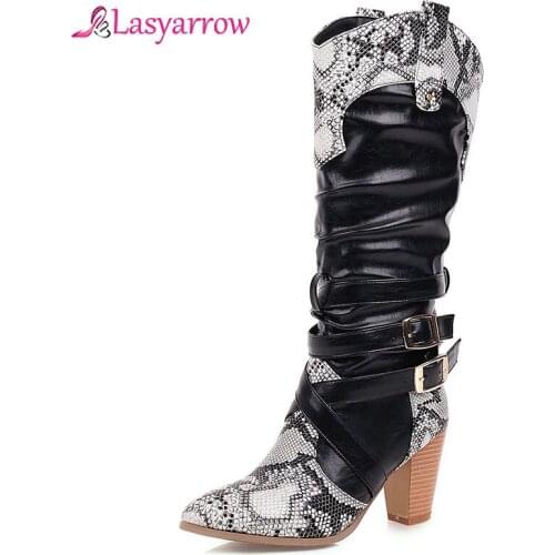 Lasyarrow 2019 Fashion Western Snake Print Buckle Strap Block High Heels Long Winter Boots Women Black Boots Female Shoes Woman