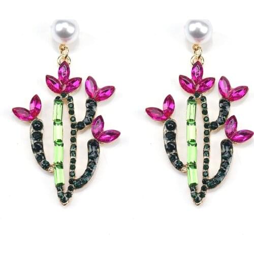 Bohemia CrystalCactus Statement Drop Earrings Fashion Trendy Handmade Big Statement Earrings for Women Ethnic Plants Jewelry