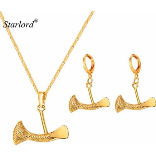 Axe Necklace&Dangle Earrings Set Gold Color Australia/Indian/Papua New Guinea Axe Jewelry Set PE3296K
