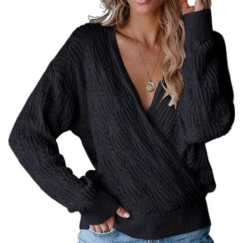 Hot Women Deep V Neck Wrap Hollow Sweater Long Sleeve Crochet Knit Pullover Top Plus Size