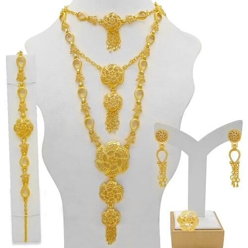 24K Gold Color Jewelry Sets For Women Bridal Luxury Three Layer Flower Necklace Jewellery Set Indian African Wedding Gifts