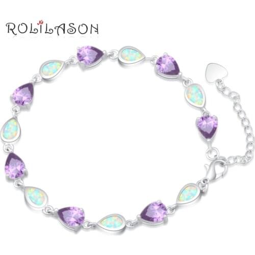 ROLILASON Purple zircon White Created Fire Opal 925 Silver Stamped purple Charm Bracelets Women pulseras OBs080