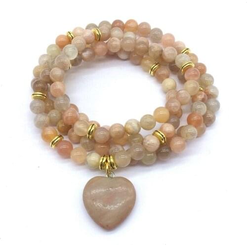 Natural Stone Beads Bracelets Elastic Bangle 74 cm Mala Yoga Necklace Silver Color With Heart Charms Drop Shipping