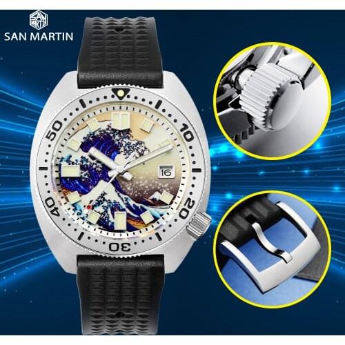 San Martin Mens Diver Watch Full Luminous Kanagawa Dial Automatic Self-Wind NH35 Watch 316L Buckle Water Resistant Watches