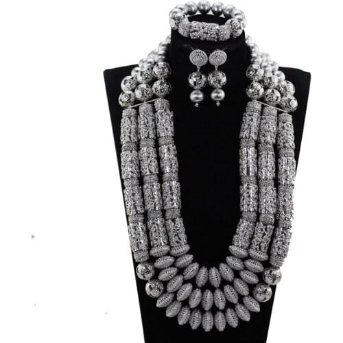 Fantastic Silver African Wedding Jewelry Set Copper Accessory Heavy Bold Statement Necklace Set Big Women Jewellery Set WE190