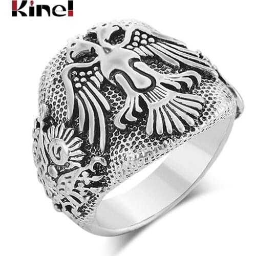 Kinel 2019 Punk Wind Jewelry Tibetan Silver Rings Unique Retro Masonic Double-Headed Eagle Totem cool Men Ring