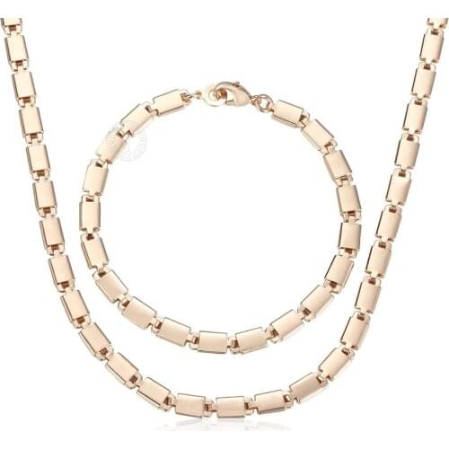 Fashion Jewelry Set 5MM Men Women 585 Rose Gold Color Square Shining Marina Stick Link Chain Long Necklace Bracelet Set LCS08A