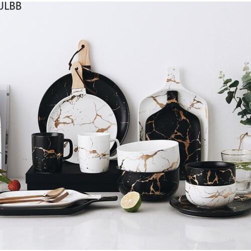Best Gold Marble Glazes Ceramic Party Tableware Set Porcelain Breakfast Plates Dishes Noodle Bowl Coffee Mug Cup For Decoration
