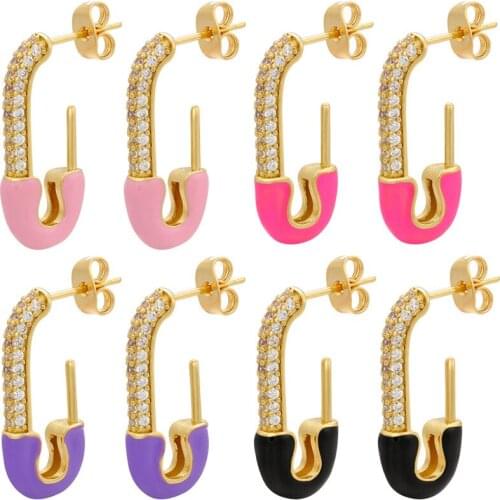 Fashionable Oil Dripping Color Cubic Zircom Design Cuffs Earrings for Women Geometric Golden Rectangular Metal Ornaments A Pair