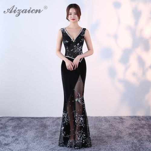 New 2020 Black Lace Long Evening Dresses Host Vintage Gown Qi Pao Women Traditional Chinese Dress Qipao Promotion Robe Femme