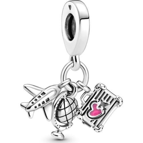 Original Airplane Globe & Suitcase With Pink Heart Pendant Beads Fit 925 Sterling Silver Charm Pandora Bracelet Diy Jewelry