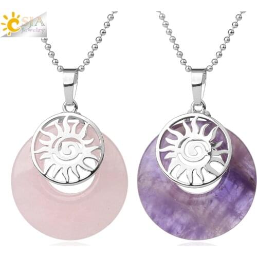 CSJA Sun Charms Pendant Necklaces Natural Stone Round Hollow Reiki Beads Pink Quartz Crystal Energy Jewelry for Women Girls G401