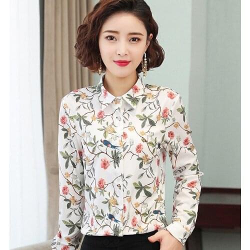 White Femme Shirts Temperament Floral Polo-Neck Long Sleeve Blouses Women Chiffon Stylish Spring Summer Tops Blusesr MM0805