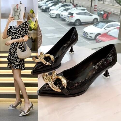 High Heels Pointed Toe Branded Pumps Slip On Women Metalic Shoes Sandals Ladies 2021 Sweet Lace-Up Spikes Fashion Slip-On Casual