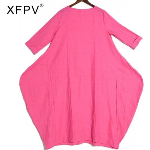 XFPV 2021 New Autumn Simple 1 Dresses Women 4xl 5xl Large Size O-neck Pink Boho Dress Long Sleeve Maxi Casual Robe FB17111