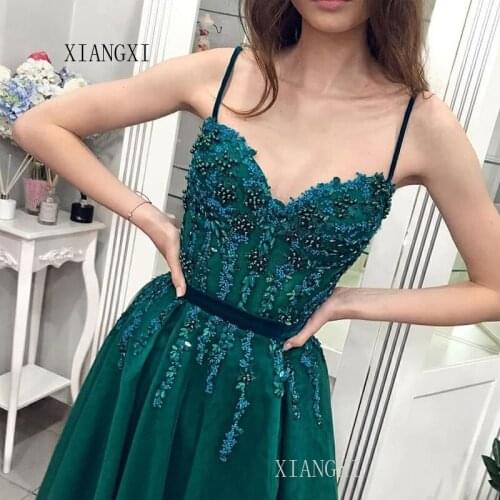Green Evening Dress Long A-Line Lace Appliques Formal Evening Dresses Floor Length Party Gowns robe de soiree