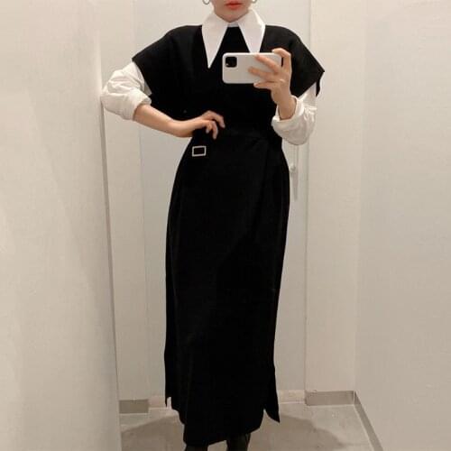 Vintage white shirt +knitted vest dress two piece stes women Spring autumn